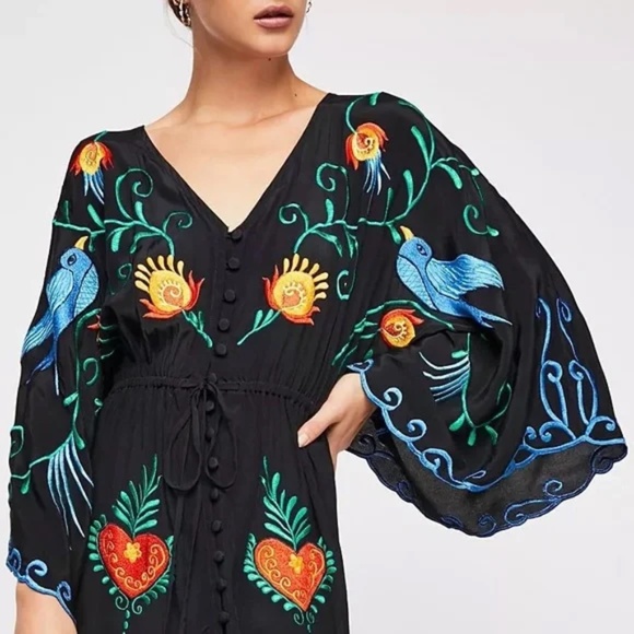 Boho Embroidered Hearts Floral Birds Long Maxi Kimono Dress - Picture 7 of 16